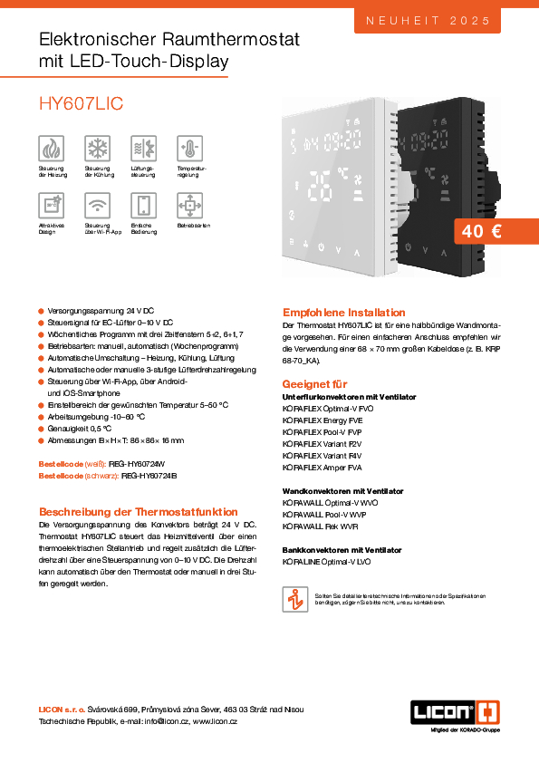 Elektronischer Raumthermostat HY607LIC